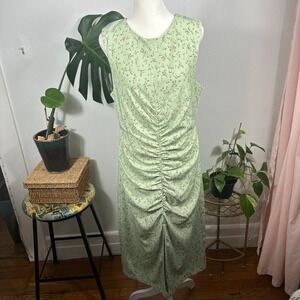 Love Whit Midi Dress Womens M Green Excellent Floral Ruched Open‎ Back Slit